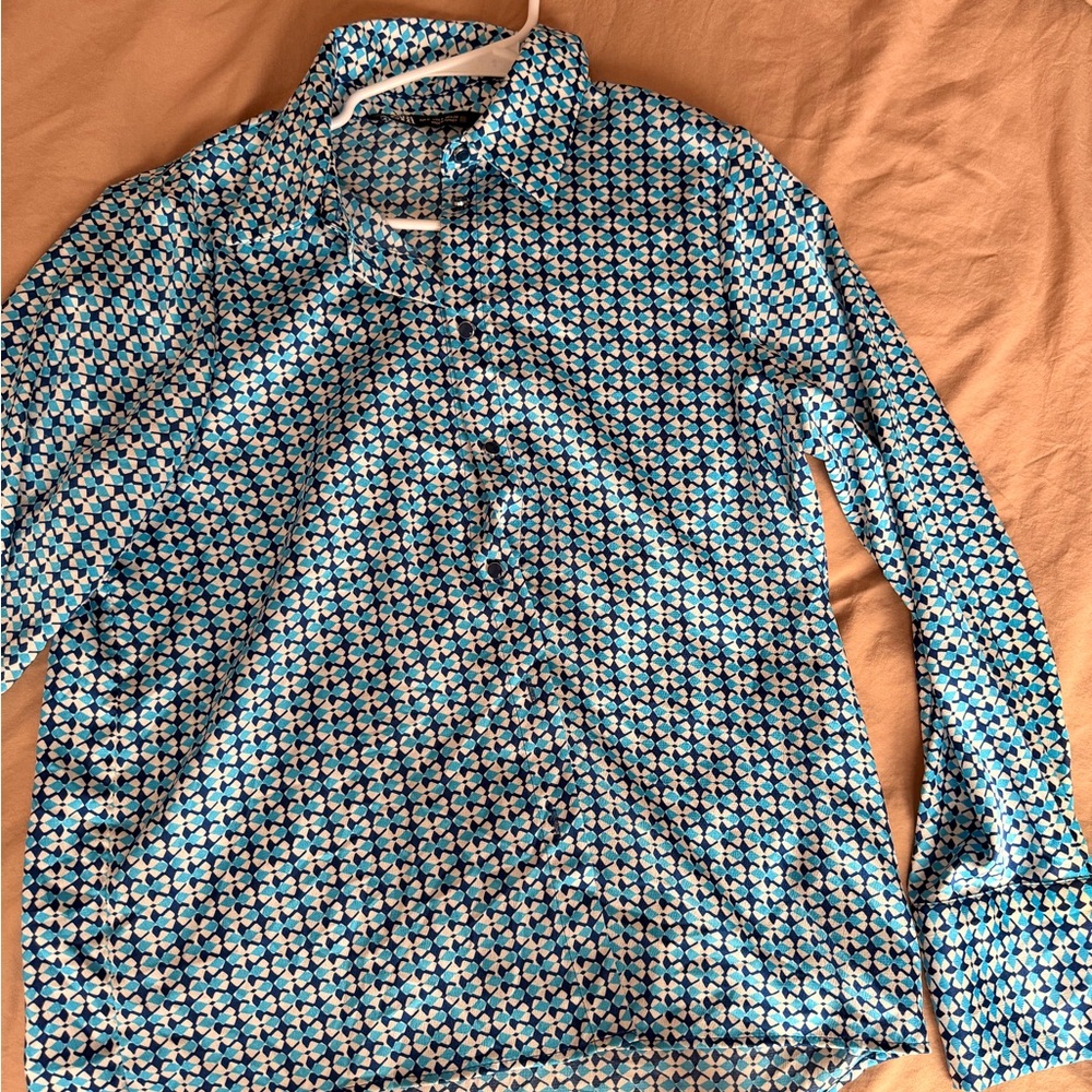 Zara Men's Geometric Blue and White Shirt